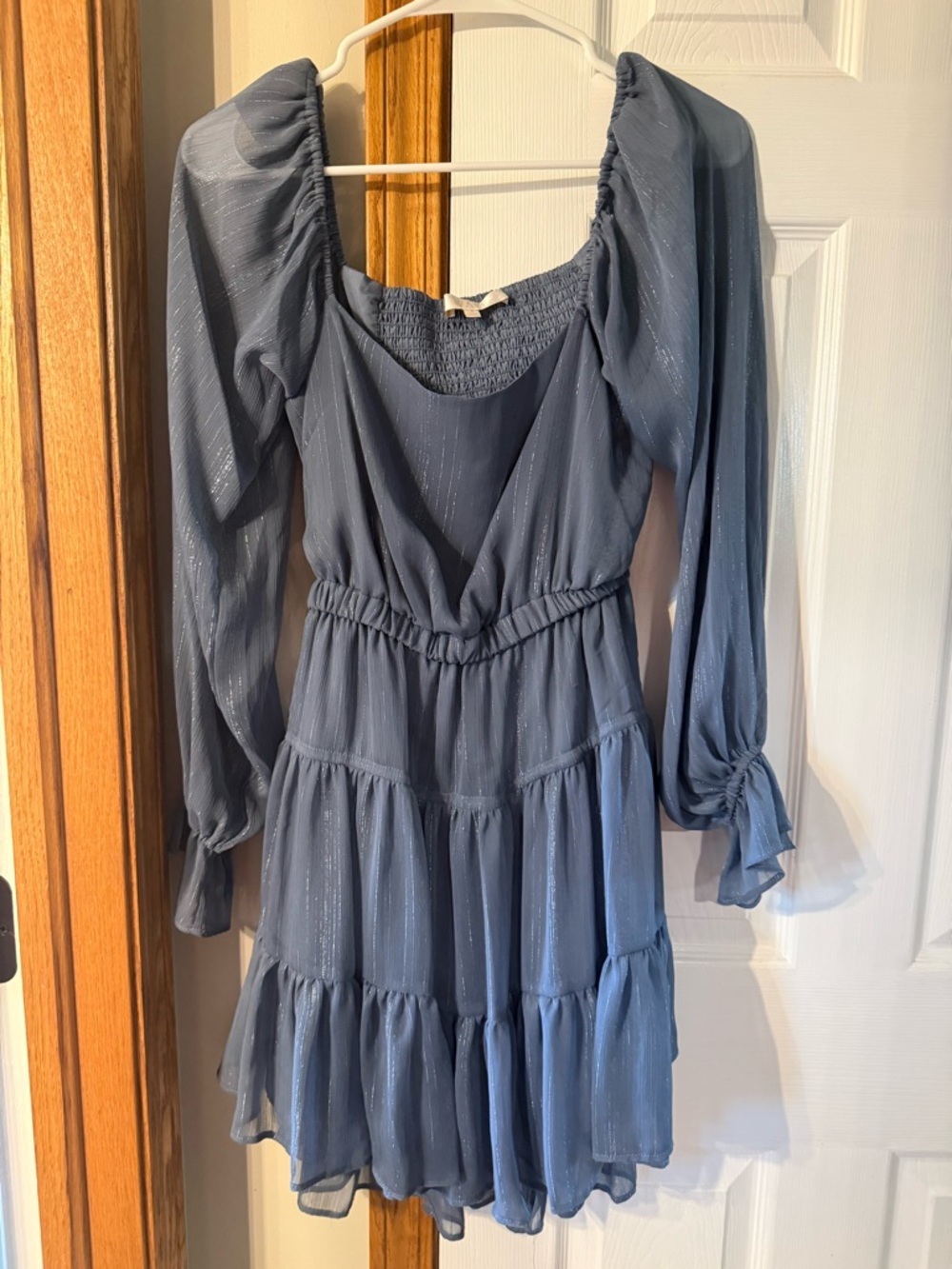 Wayf Slate Blue Long-Sleeve Tiered Mini Dress